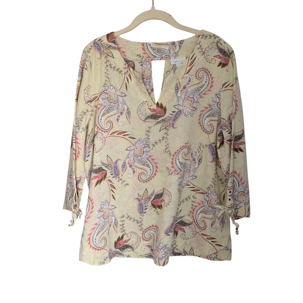 J.Jill Love Linen Womens Sz M Yellow Paisley Linen Blouse Top 3/4 Sleeve Cut Out